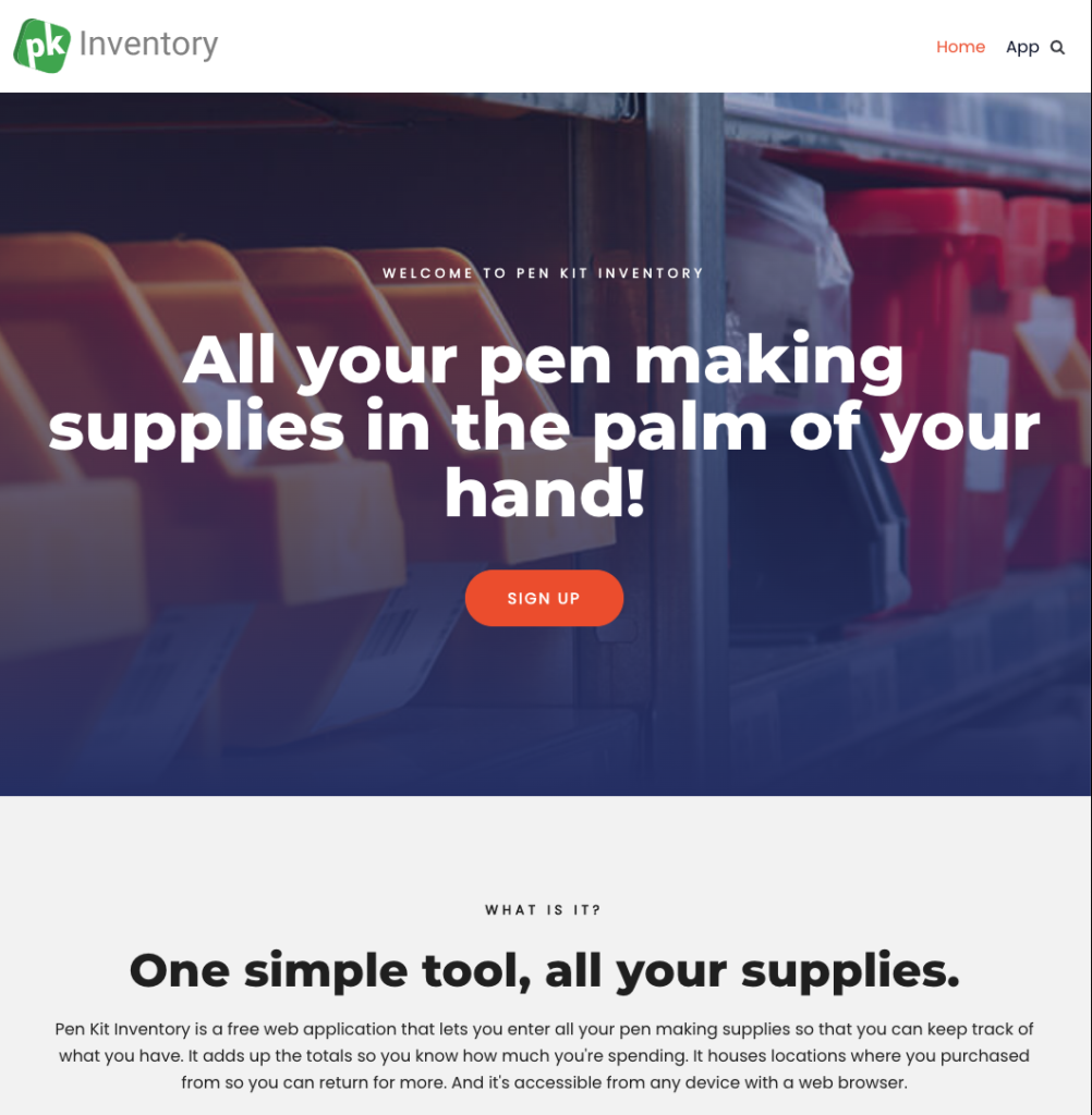 Pen Kit Inventory home page